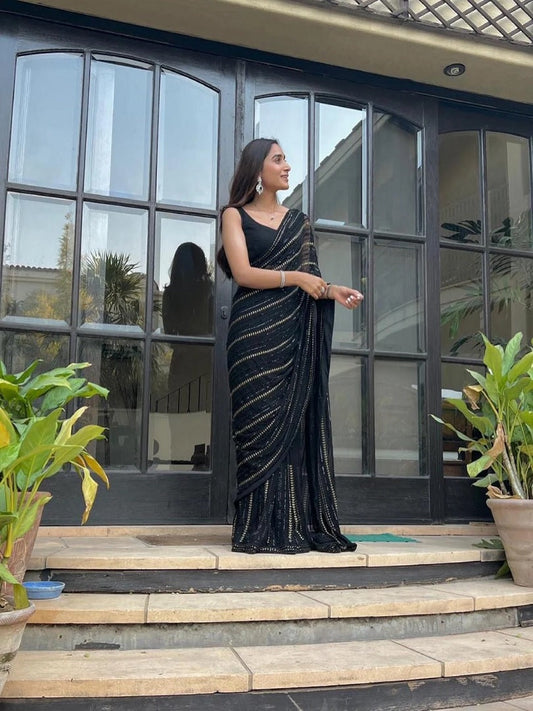 Black Color Georgette With Sequence Work Saree image 1