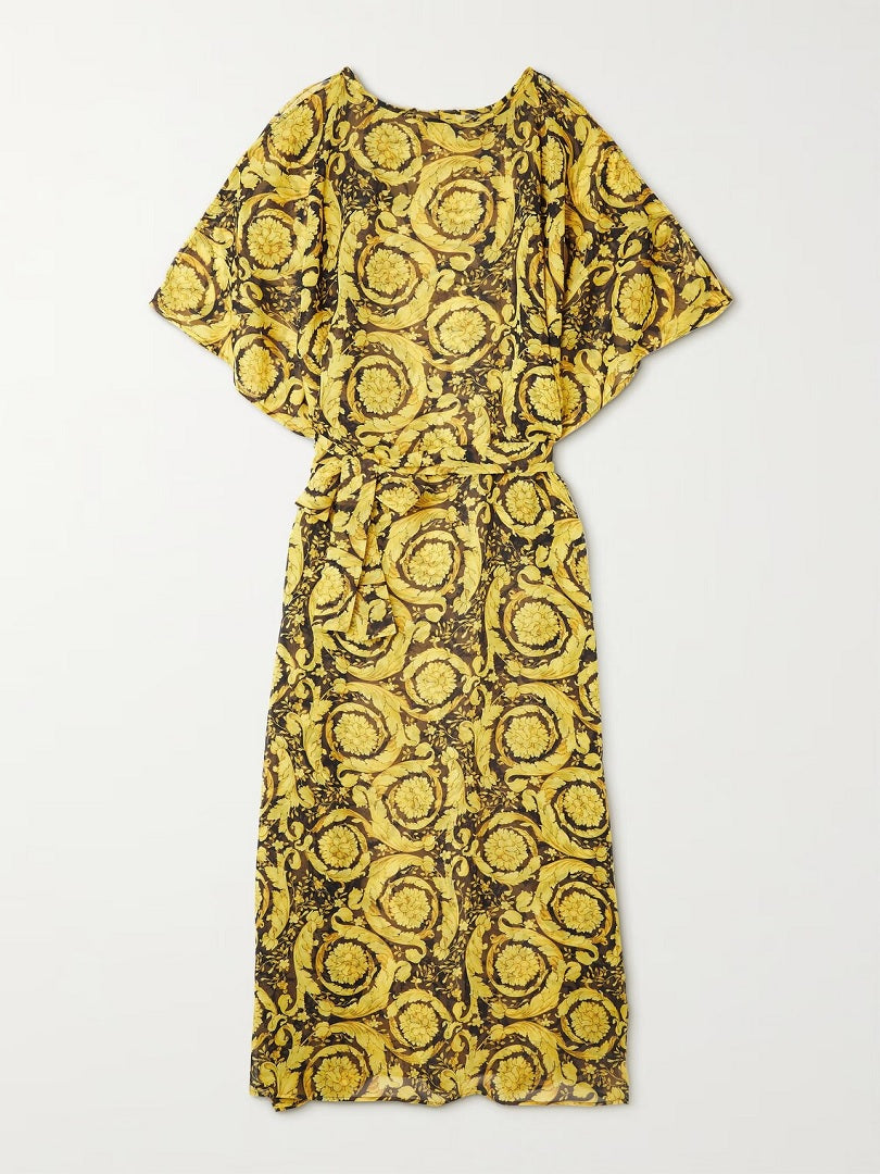Floral Black Gold Women Georgette Printed Long Kaftan Dress J5764 image 3