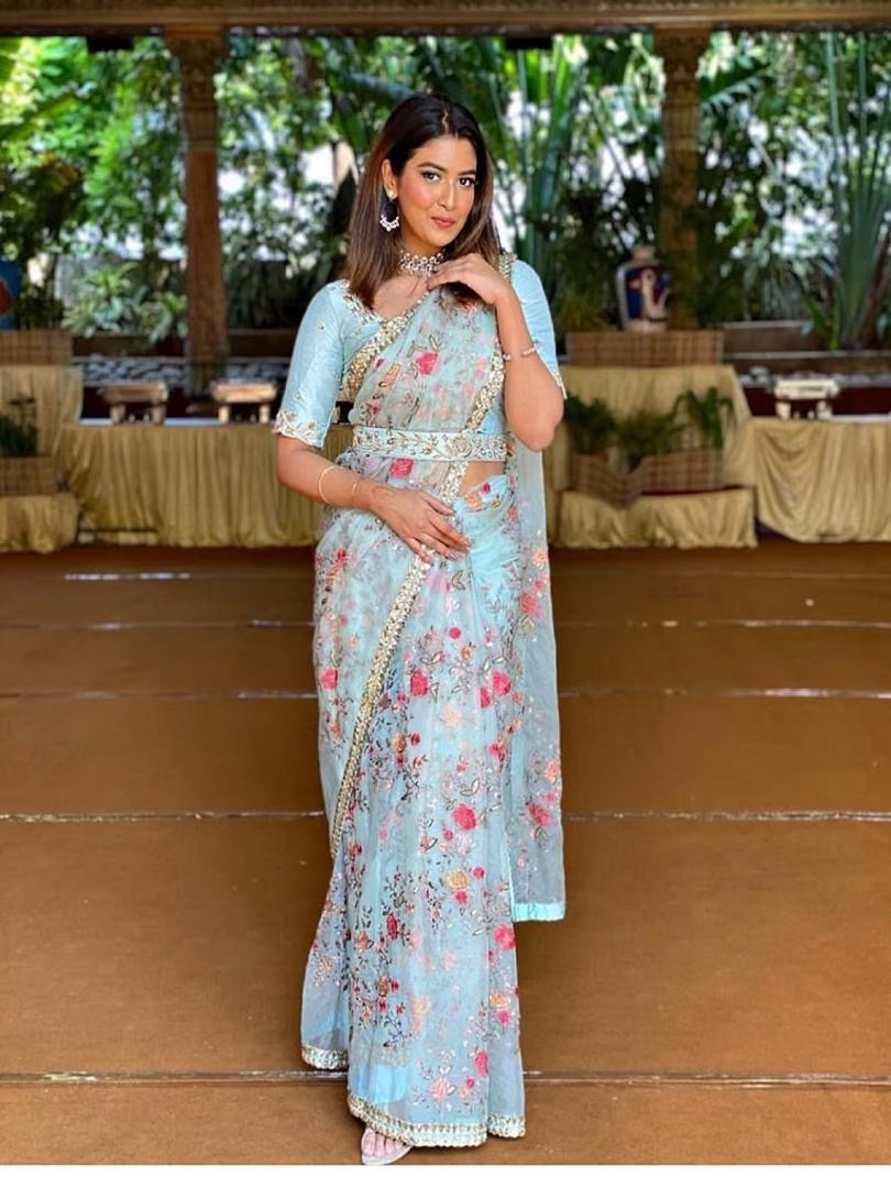 Sky Blue Color Khadi Organza With Floral And Sequence Work Saree image 1