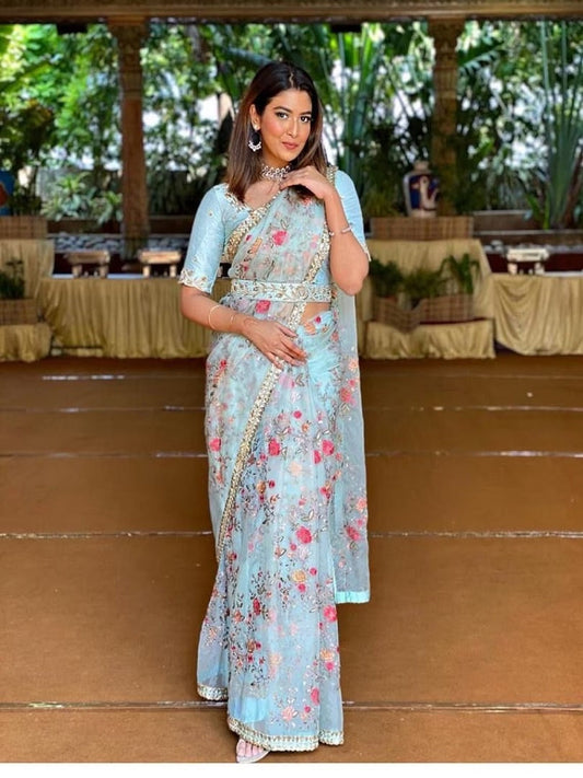 Sky Blue Color Khadi Organza With Floral And Sequence Work Saree image 1