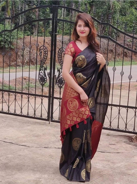 Black and Red Soft Lichi Silk Saree image 1