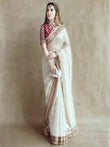White Khadi Organza Silk Embroidery Thread Sequence Work Saree image 1