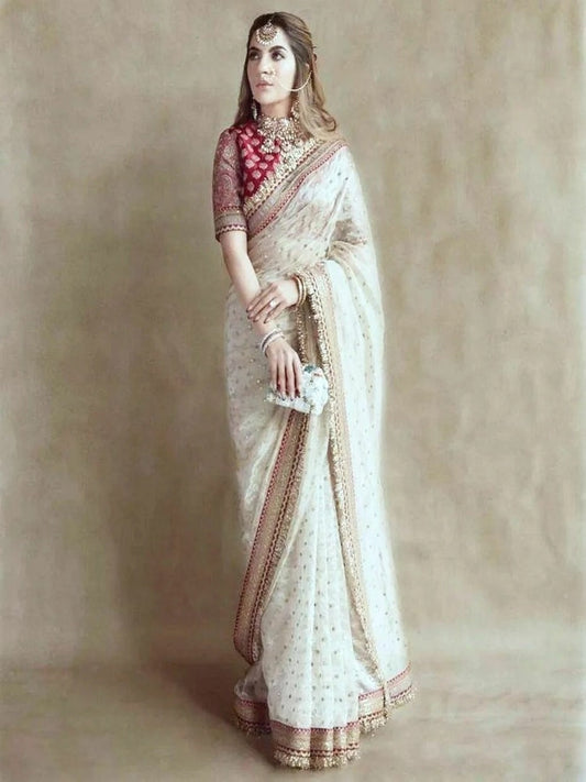 White Khadi Organza Silk Embroidery Thread Sequence Work Saree image 1