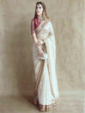 White Khadi Organza Silk Embroidery Thread Sequence Work Saree image 1