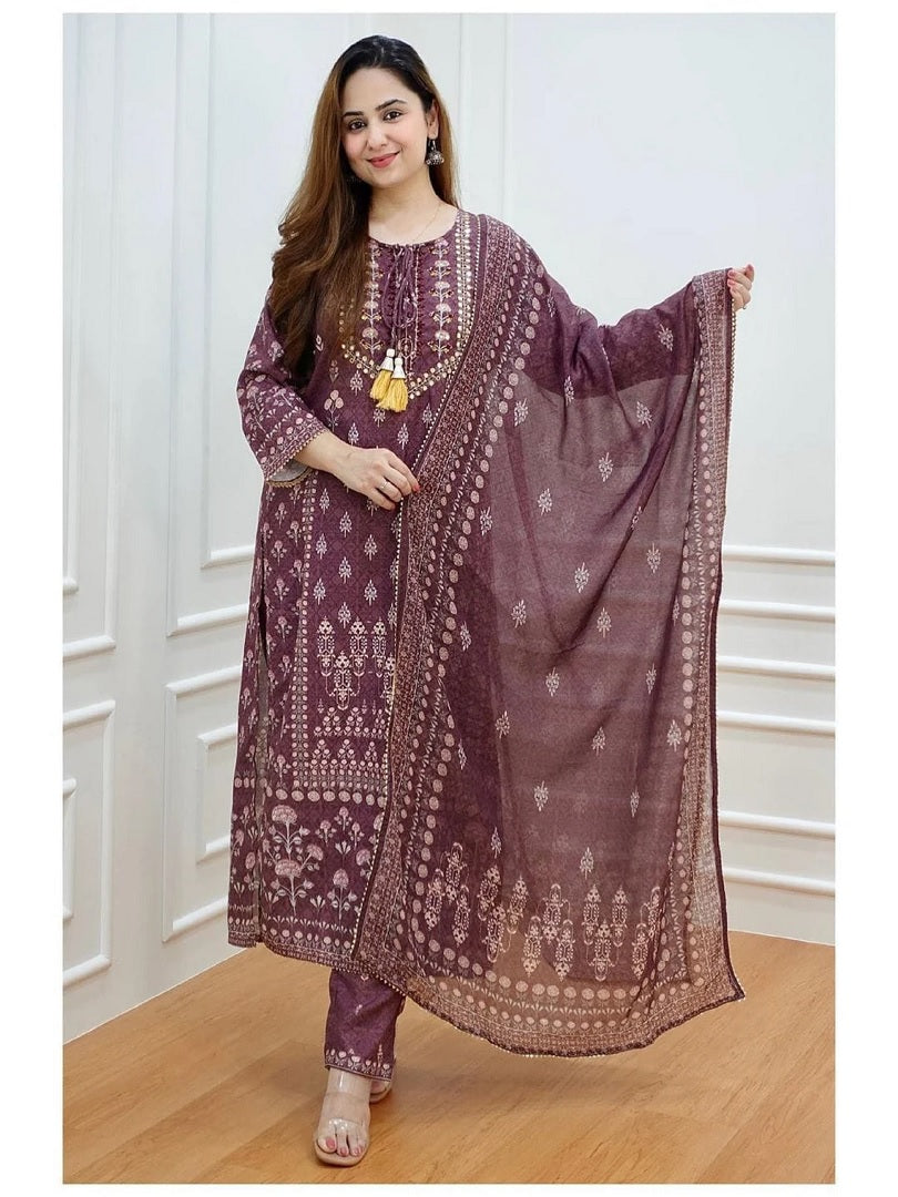 Muslin Silk Multi Color Digital Print And Embroidery Mirror Work Readymade Full Dress AK image 1