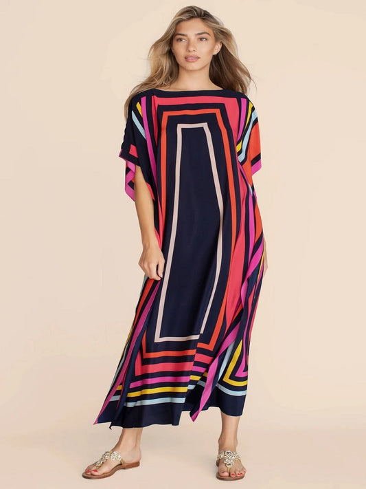 Calf Length Boat Neck Style Satin Silk Modest Wear Printed Kaftan J5625 image 1