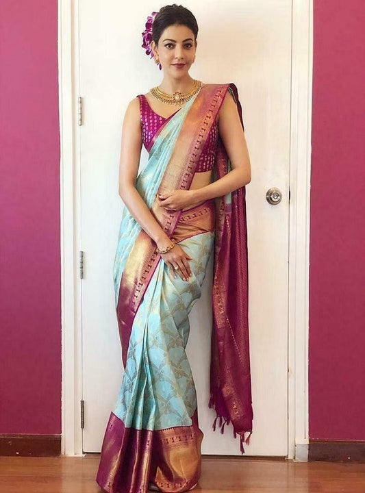 Sky Blue & Pink Kanchipuram Weaving Work Saree image 1