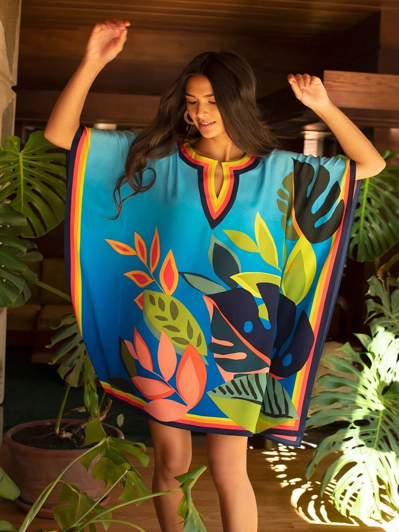 Beautiful Floral Geometric Pattern Holiday Wear Silk Crepe Short Kaftan Dress J5681 image 3
