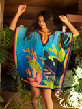 Beautiful Floral Geometric Pattern Holiday Wear Silk Crepe Short Kaftan Dress J5681 image 3
