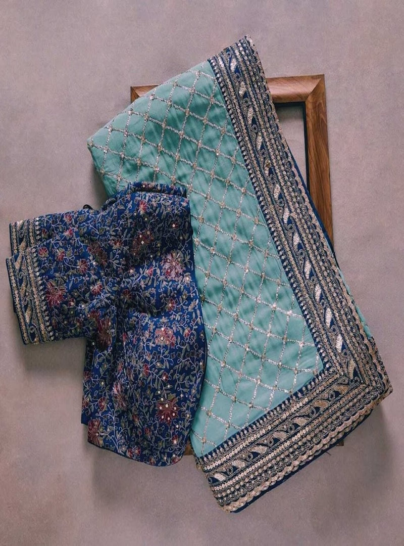 Sky Blue Georgette Embroidery Zari Work Saree image 1