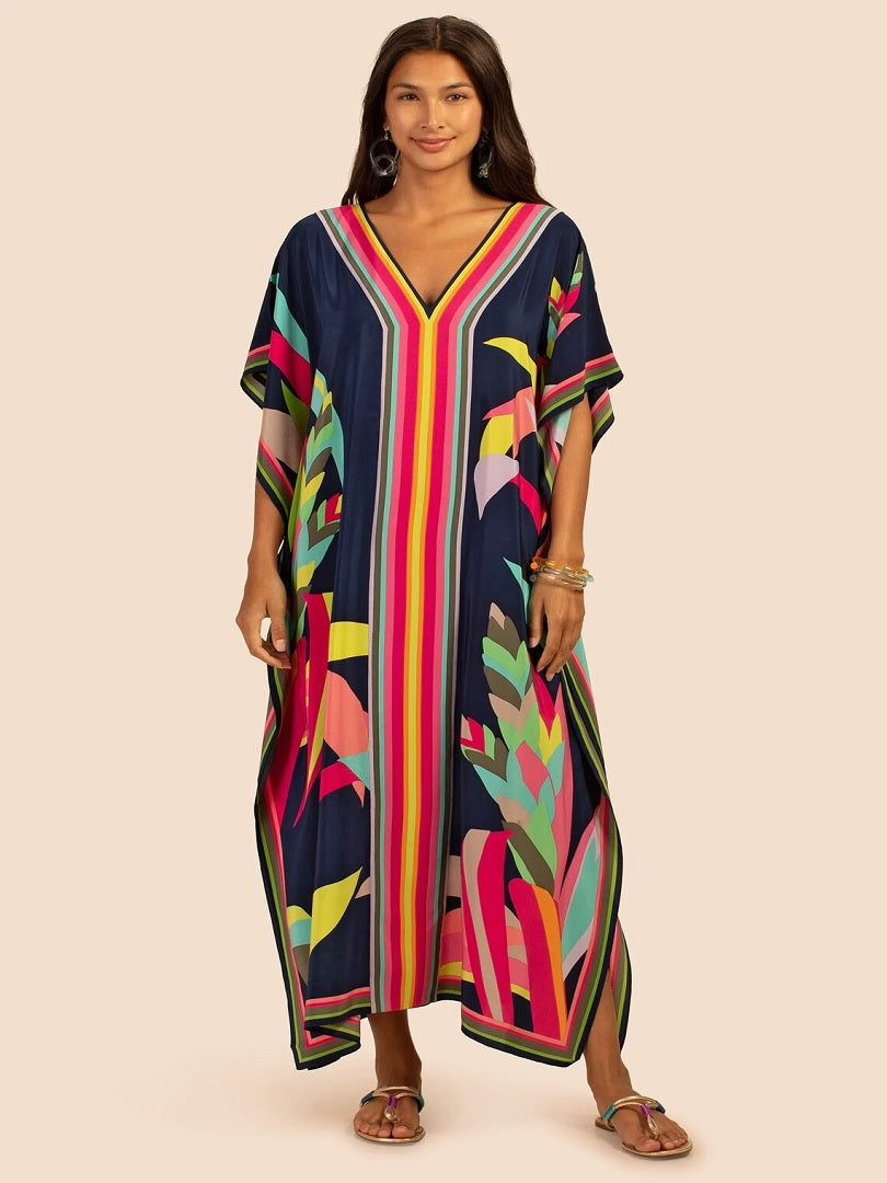 Plus Size Silk Crepe Kaftan Dress Caftan Maxi Beach Dresses J5680 image 1