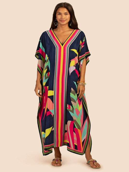 Plus Size Silk Crepe Kaftan Dress Caftan Maxi Beach Dresses J5680 image 1