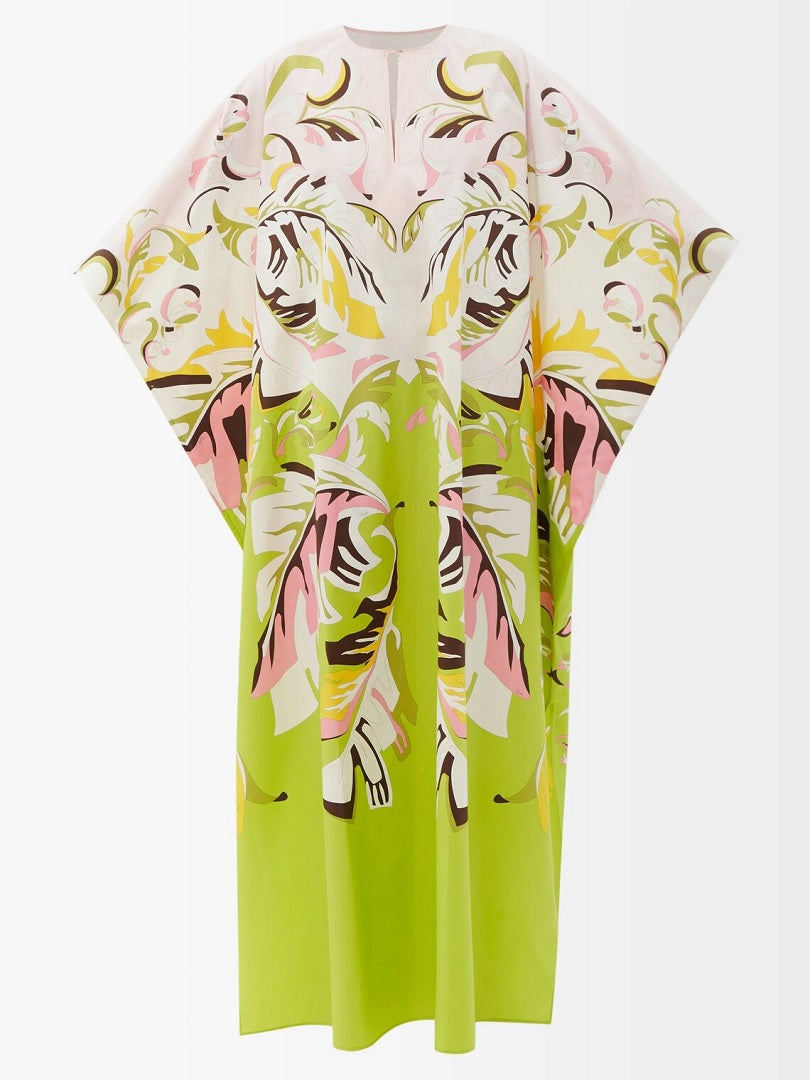 Trending Free Size Crepe Silk Beach Kaftan Green Off-White J5692 image 3
