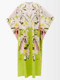 Trending Free Size Crepe Silk Beach Kaftan Green Off-White J5692 image 3