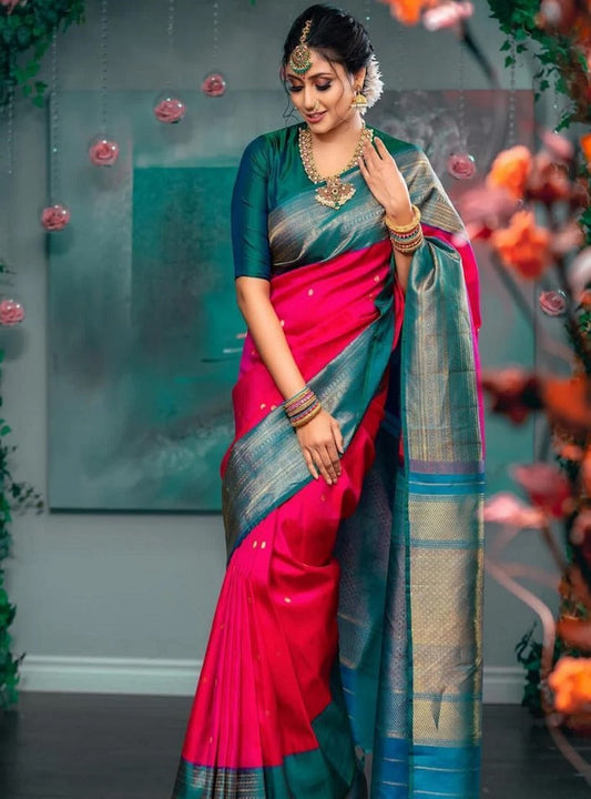 Pink Banarasi Soft Silk Saree And Unstitched Blouse image 1