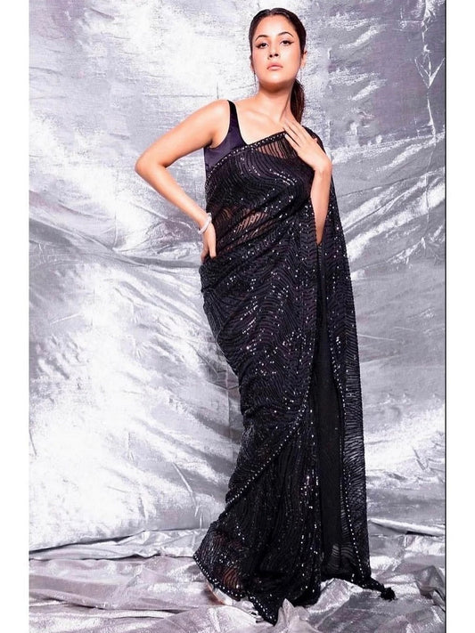 Black Color Heavy Net Sequence Work Saree image 1
