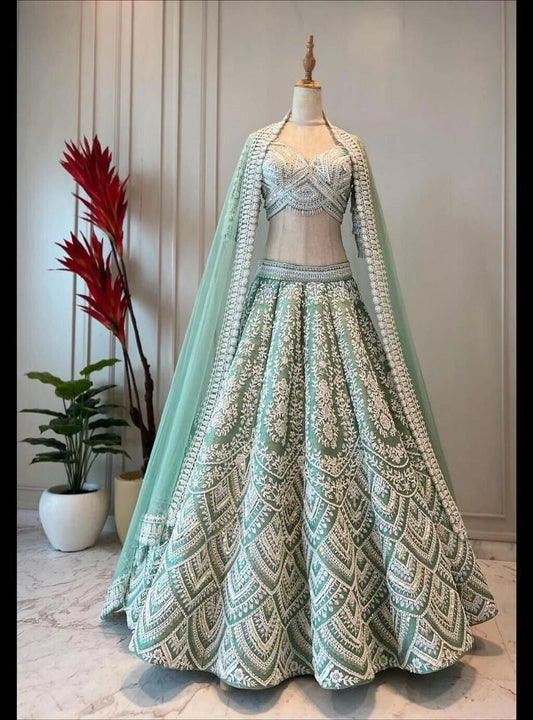 Light Color Taffeta Silk Sequence Cording Work Designer Lehenga Choli Bridal Wear Lengha Blouse With Dupatta LG image 1