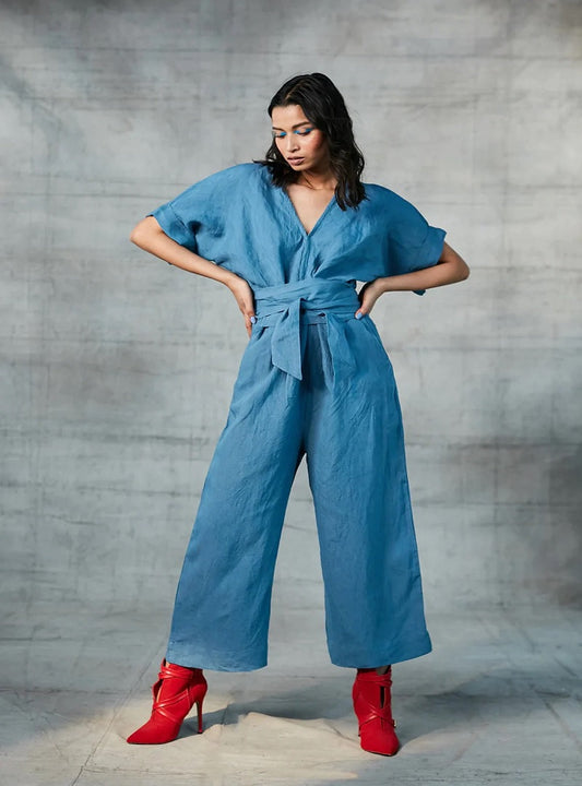Cornflower Blue Linen Jumpsuit For Women image 1