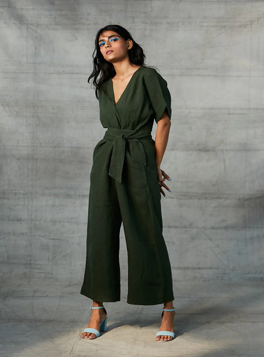 Khaki Linen Jumpsuit For Women image 1