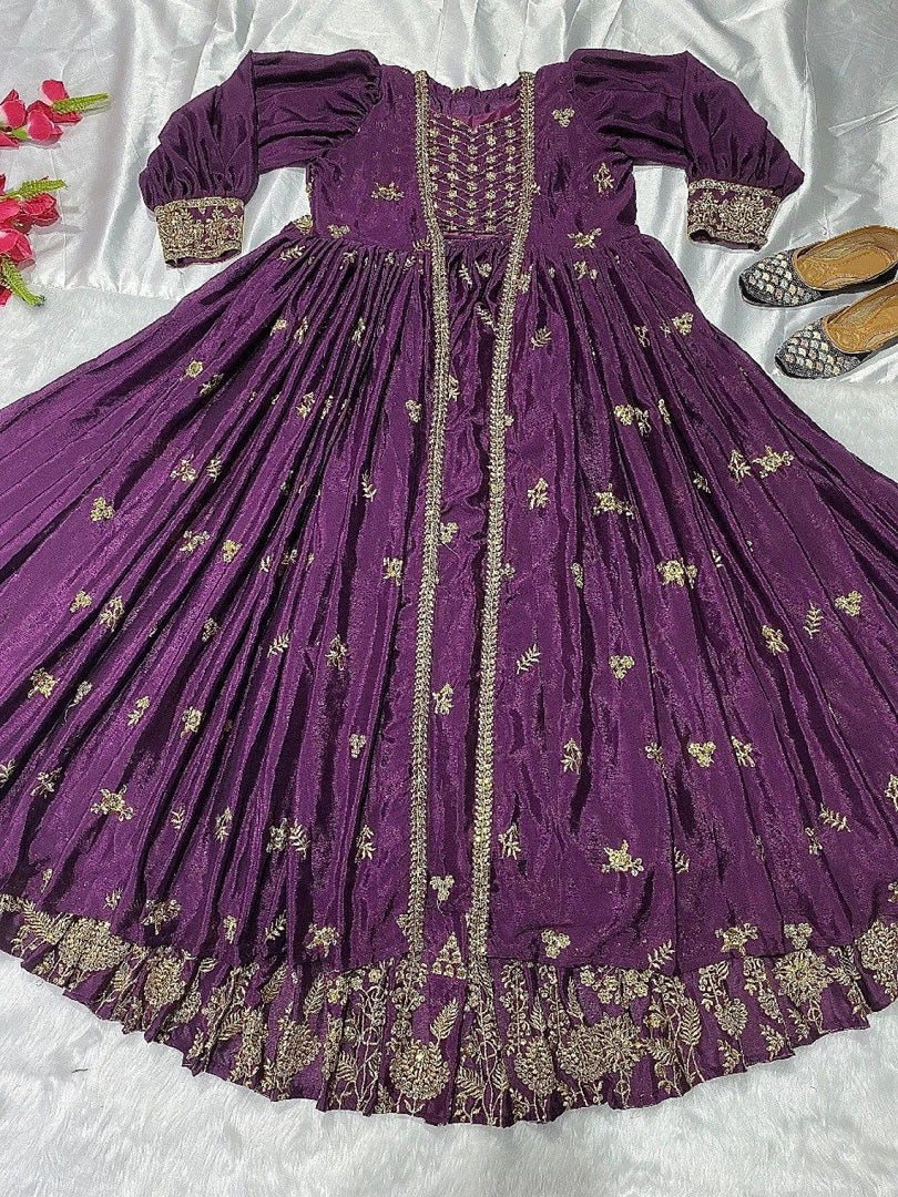Eggplant Chinon Sequence Embroidered Lehenga Choli With Koti Set image 9