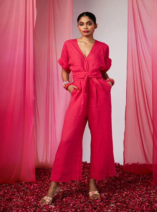 Hot Pink Linen Jumpsuit For Women image 1
