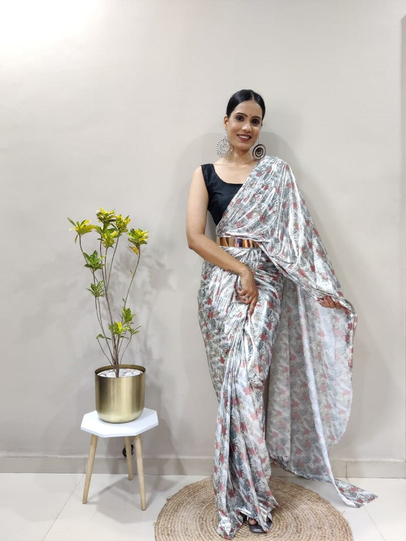 Imported Lycra Silk Ready To Wear Saree With Metal Belt image 1