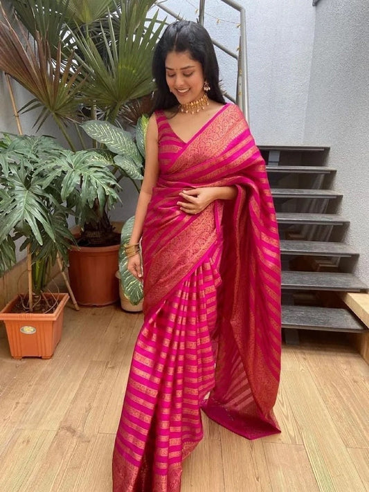 Pink Soft Lichi Silk Jacquard Work With Gold Zari Weaving Saree image 1