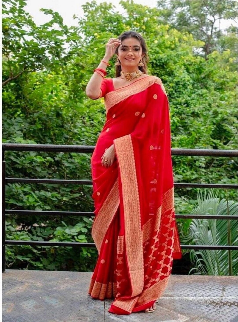 Red Soft Lichi Silk Saree And Blouse Wedding Wear Latest Sari Collection image 1