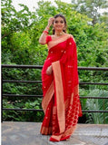 Red Soft Lichi Silk Saree And Blouse Wedding Wear Latest Sari Collection image 1