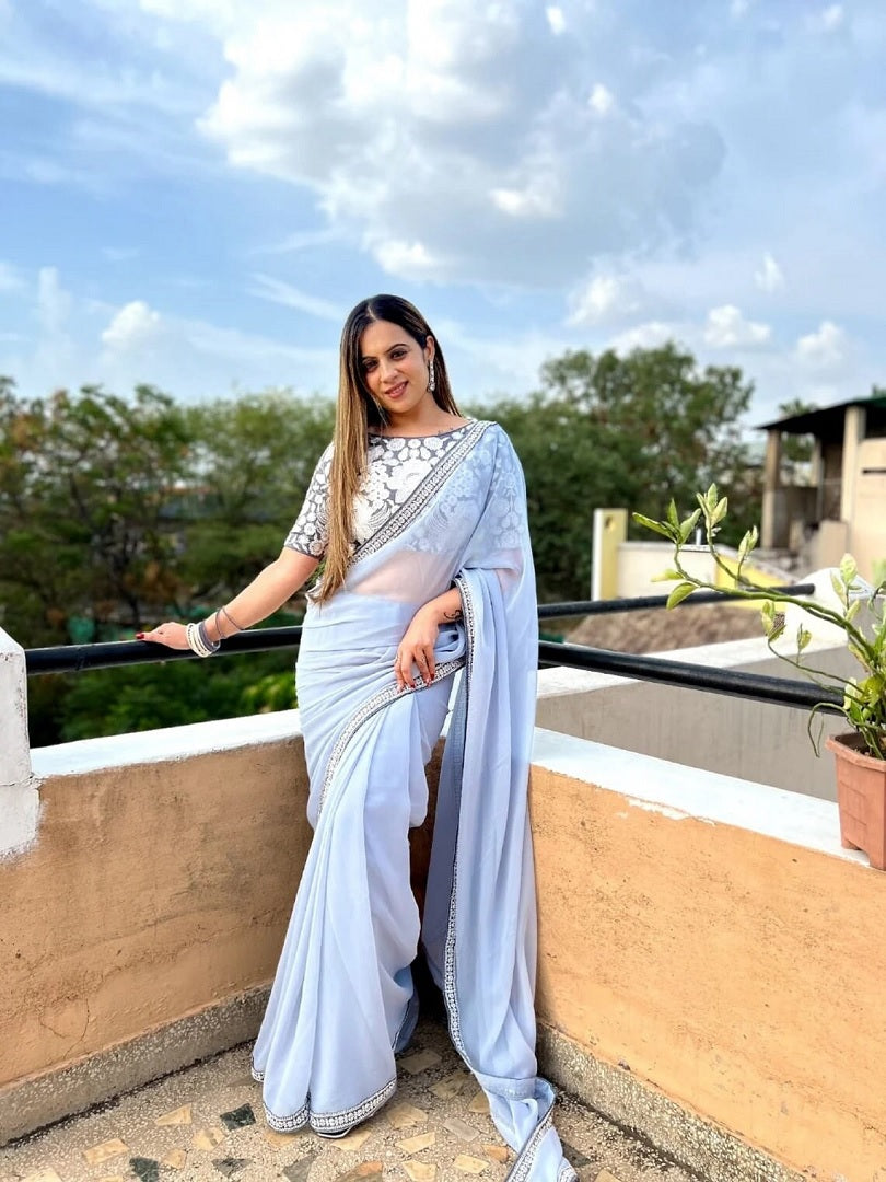 Georgette Embroidery Lace Work Saree image 2