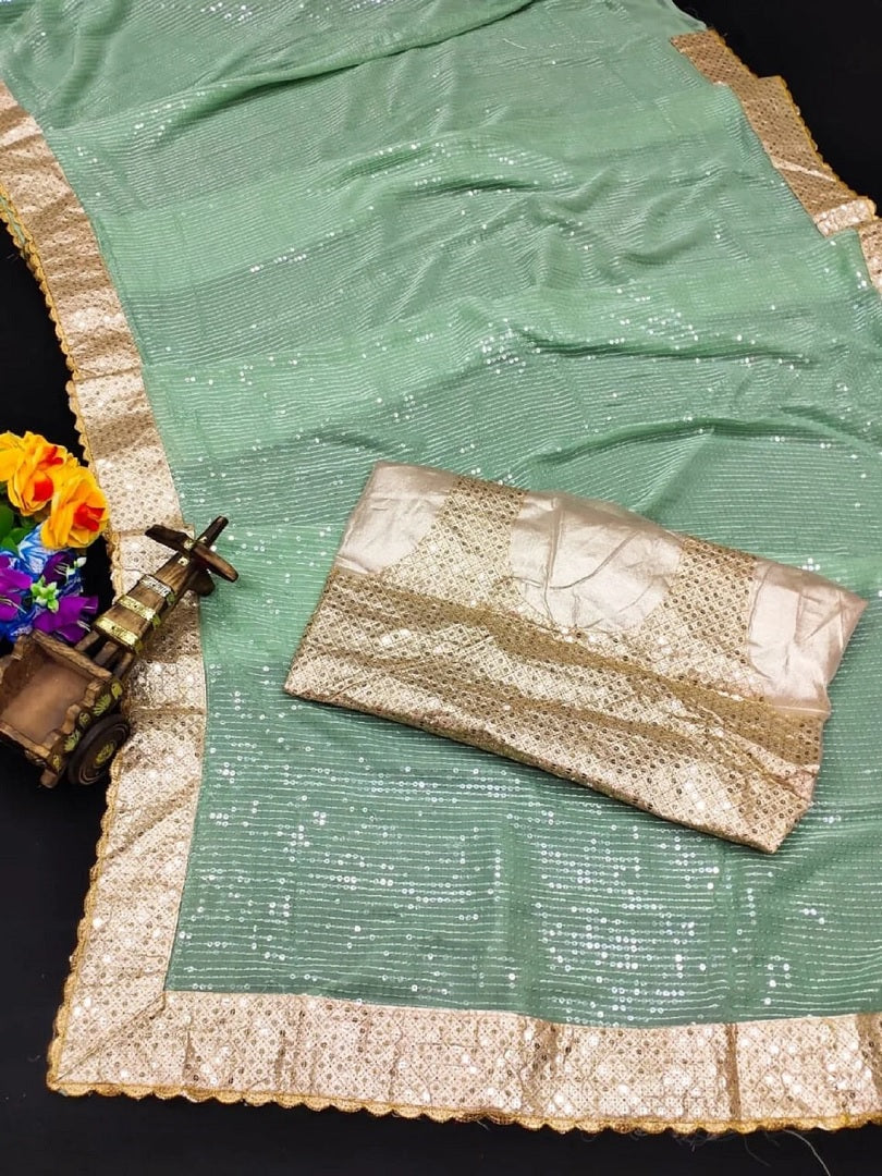 Georgette Embroidery Sequence Work With Sequence Cut Work Lace Saree image 2