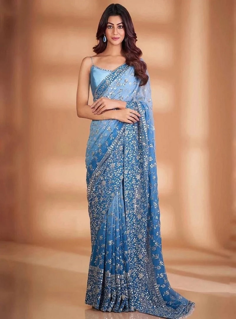 Sky Blue Soft Georgette Embroidery Sequence And Thread Work Saree image 1