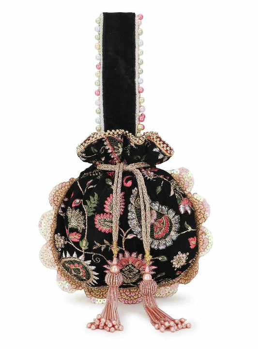 Black, Pink & Multi Velvet Floral Embroidered Potli bag image 1