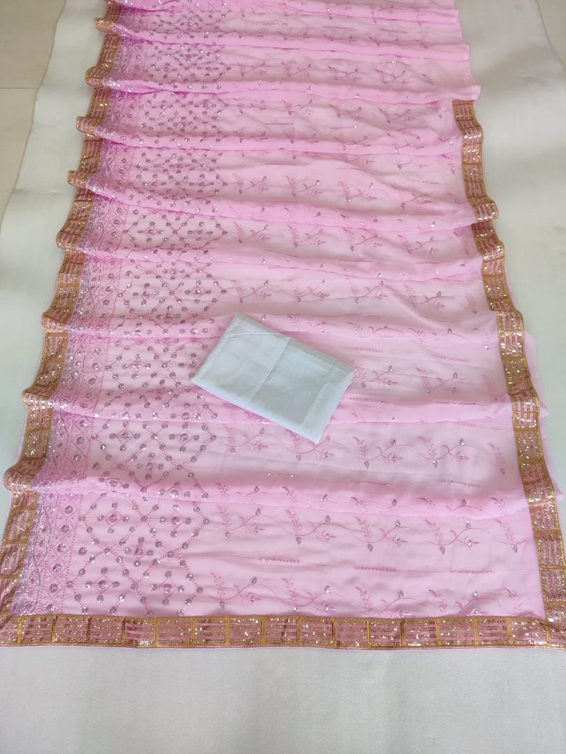 Pink Georgette Embroidery Sequence Work Saree image 7