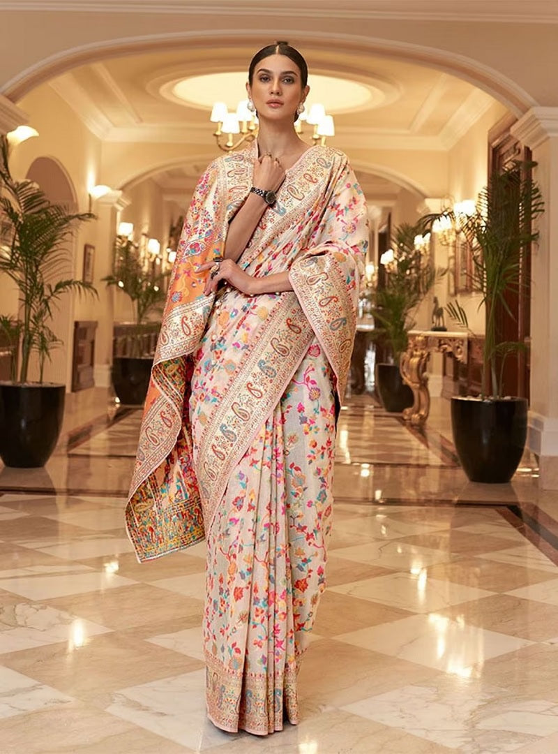 Multi Flower Design Kashmiri Silk Saree image 1