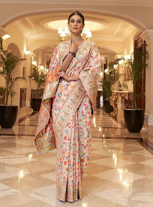 Multi Flower Design Kashmiri Silk Saree image 1