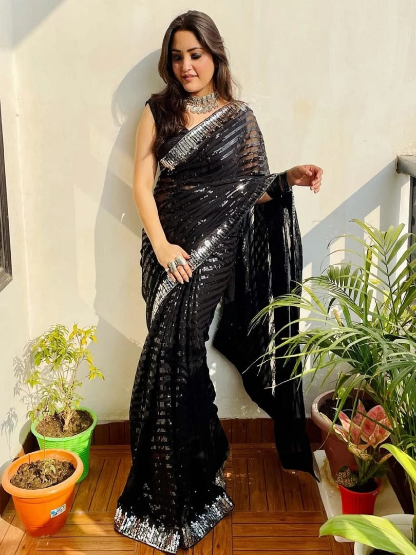 Black Georgette With Sequence Lace Work Saree image 1