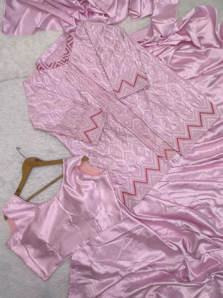 Light Pink Heavy Diamond Silk Ready To Wear Saree Blouse With Jacket image 6