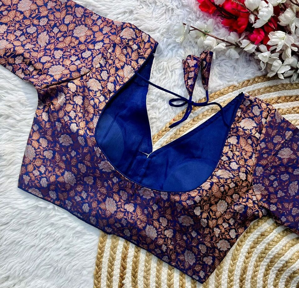 Banaras Silk Blouse Golden And Silver Jari Blouse, Ready Made Blouse image 12