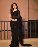 Black Georgette Embroidery Sequence Work Saree With Unstitched Blouse image 1