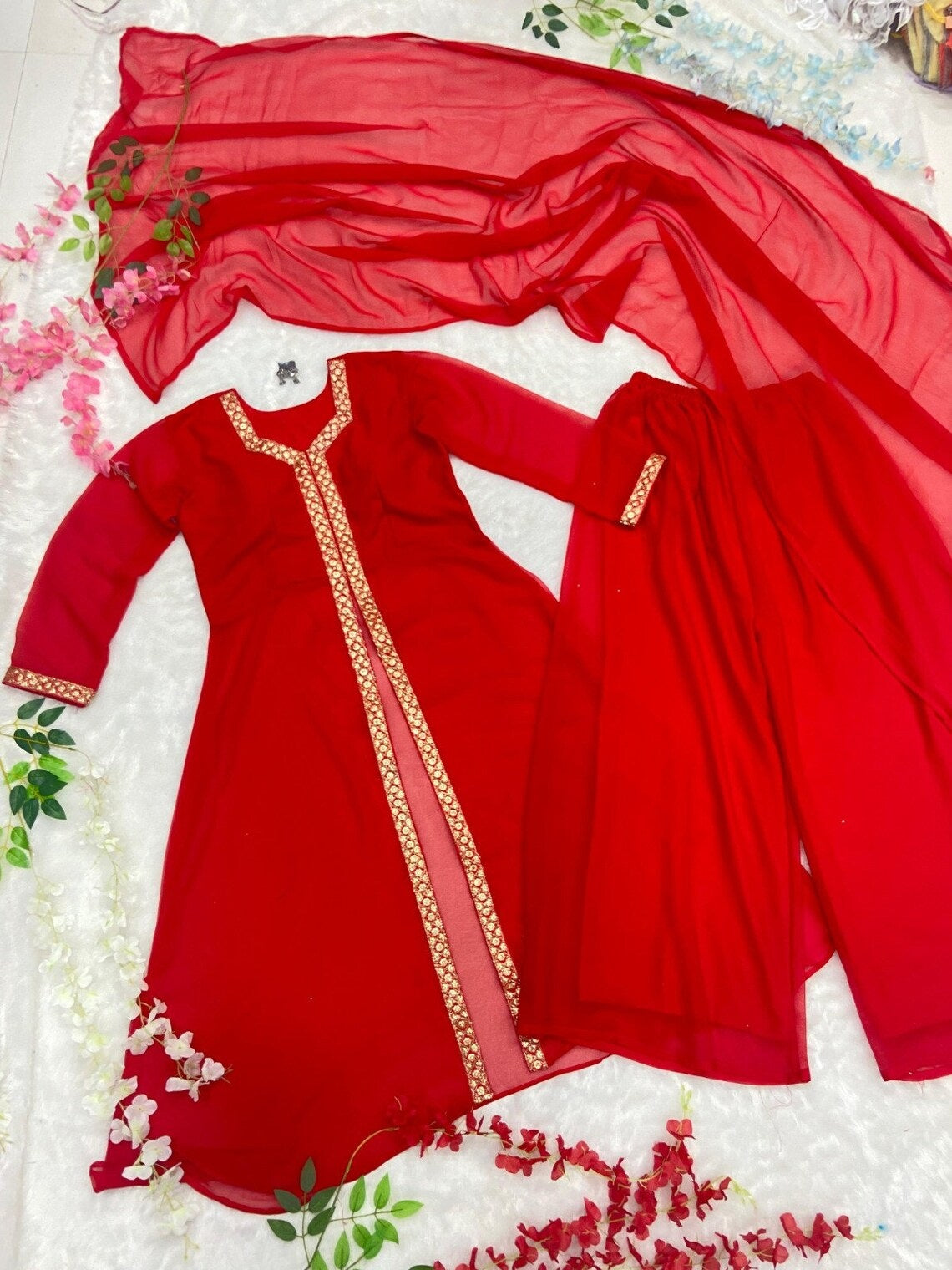Red Premium Georgette Embroider Work Salwar Kameez With Dupatta image 4