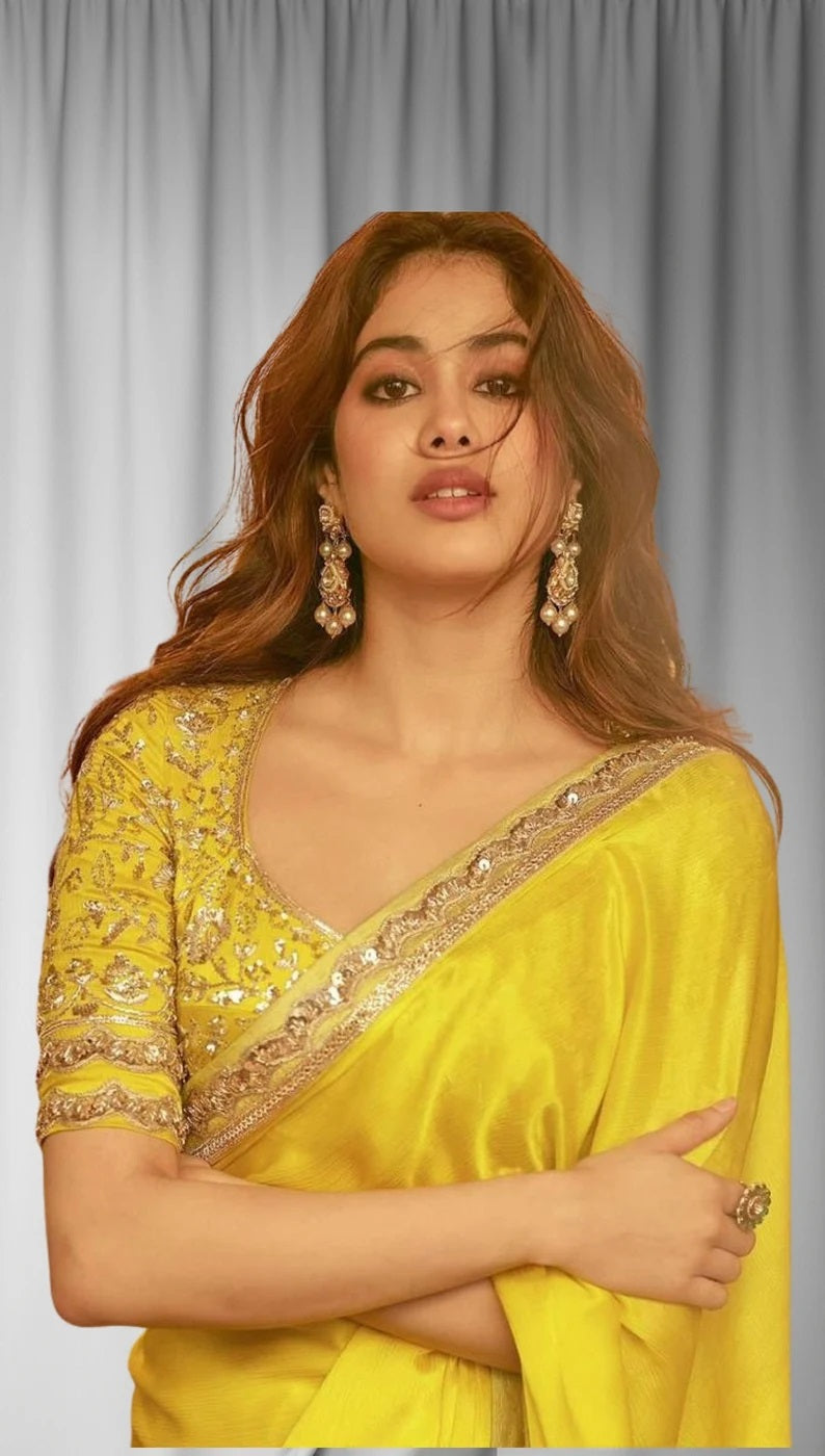 Yellow Moss chiffon & Sequence Embroidered Work Saree With Blouse image 3