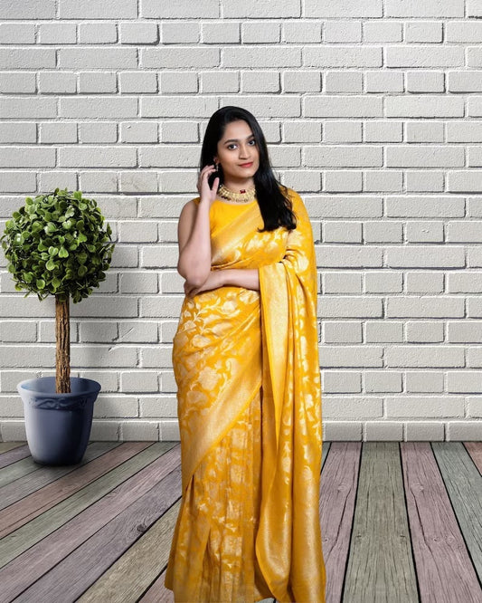 Yellow Color Soft Lichi Silk & Jacquard Weaving Work Saree image 1