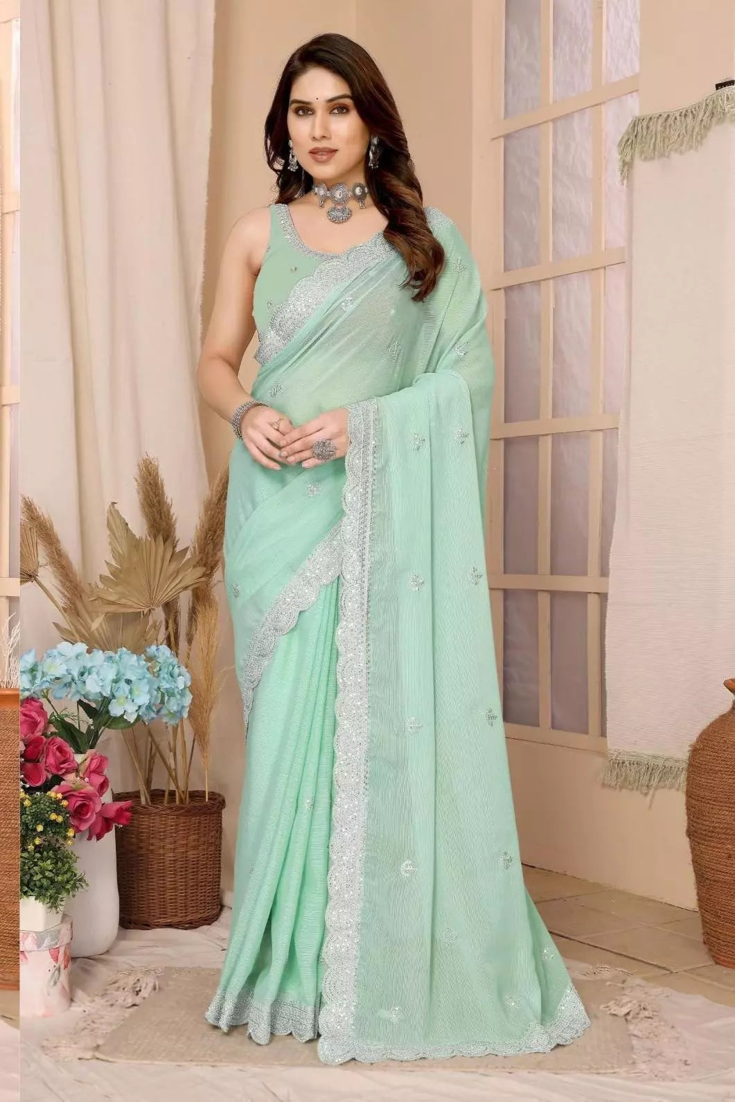 NavyBlue Ethnic Traditional Party Zomato Chiffon Silk Saree Women image 3