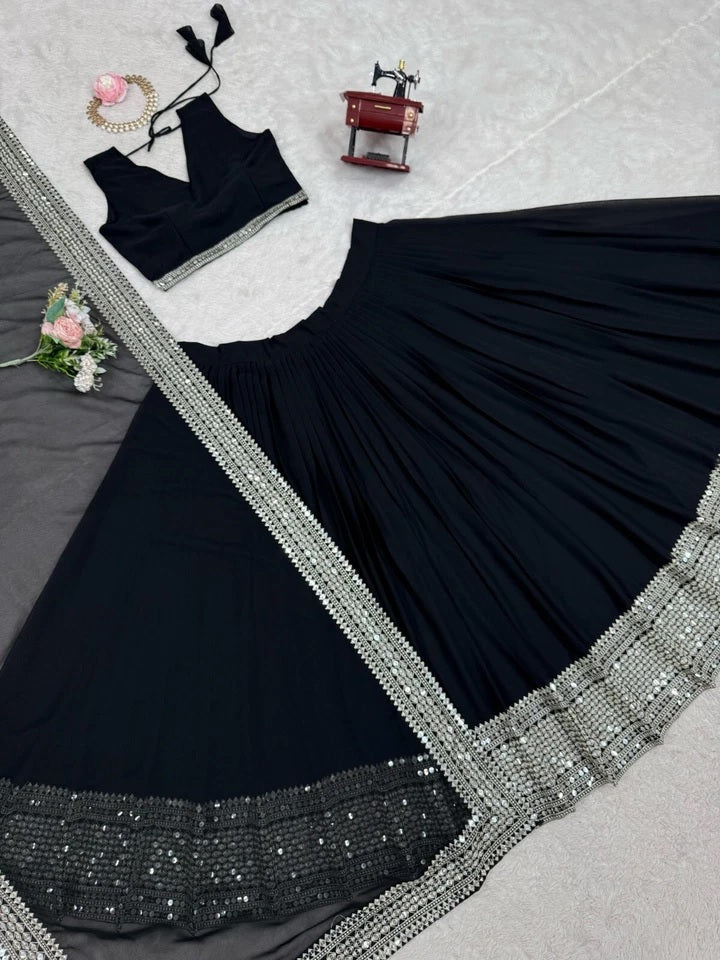 Black American Silk Lehenga Blouse & Dupatta For Women's image 10