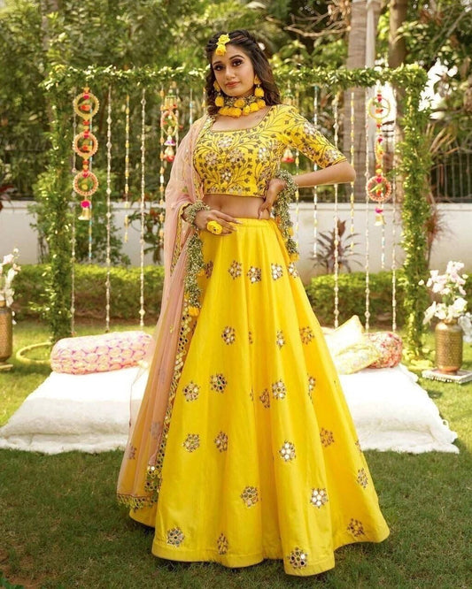 Yellow Satin Silk Embroidery Mirror Work Lehenga Blouse Dupatta image 1