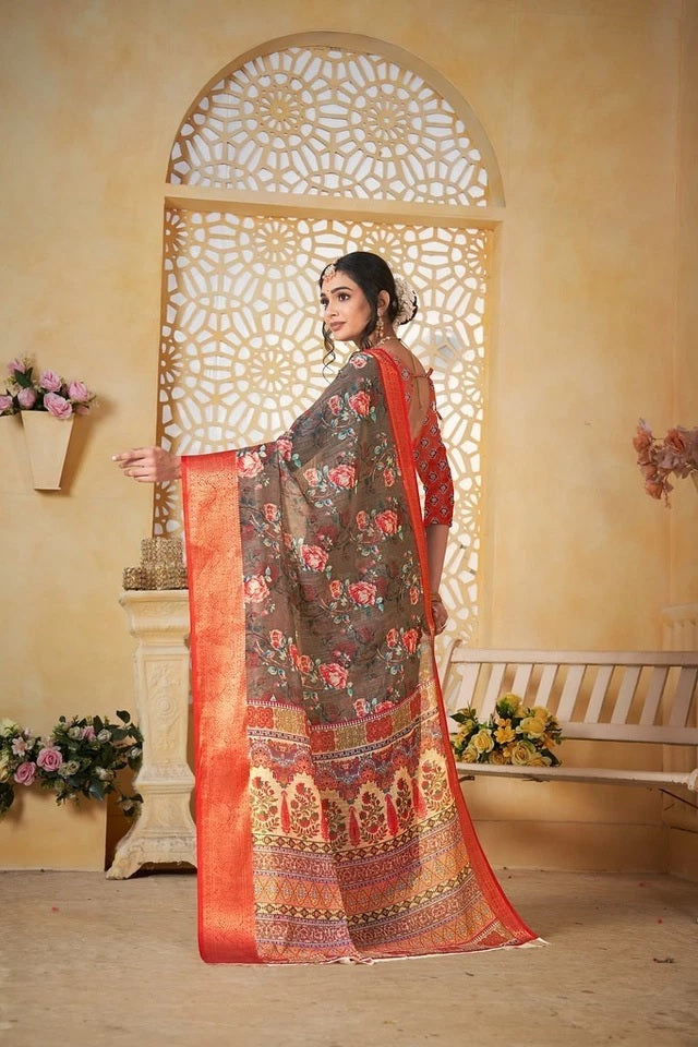 Traditional Colourful Pure Linen Digital Print Saree With Blouse11-VF image 10