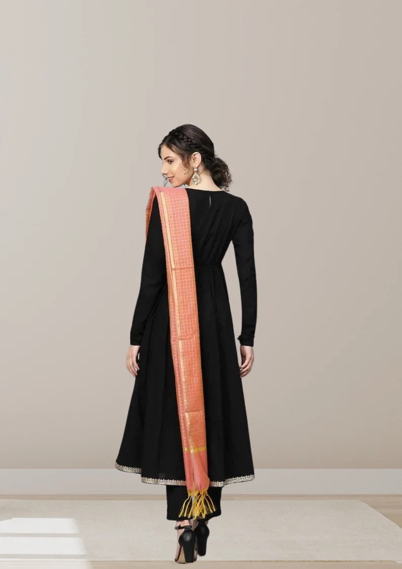 Black Pure Cotton Long Salwar Kameez With Dupatta image 3