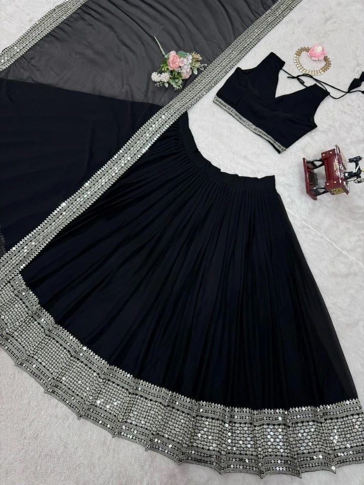 Black American Silk Lehenga Blouse & Dupatta For Women's image 11