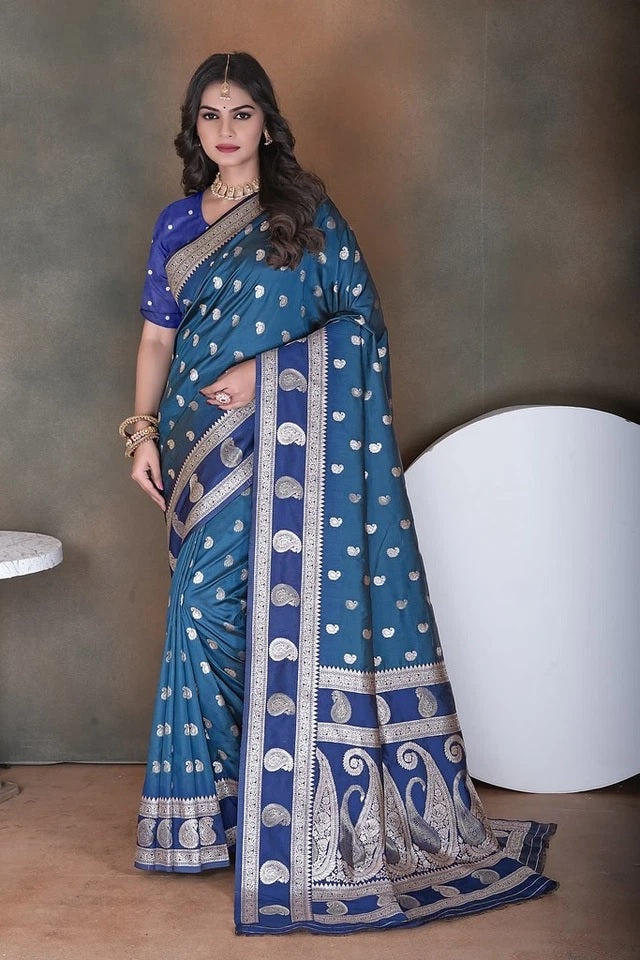 Elegant Soft Silk Saree Weaving Heavy Banarasi Pallu Sari With Blouse 11-VF image 11